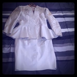 Genuine white cream Leather 2pc Skirt suit with em
